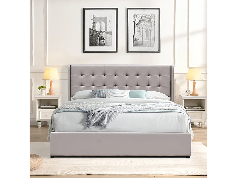 Lit coffre dehoussable 140x190 cm avec tête de lit capitonnée - 12 lattes - Montage rapide - revêtement PVC facile d'entretien