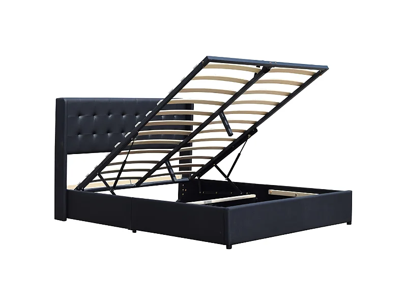 Lit coffre déhoussable noir 140x190 cm avec tête de lit capitonnée - 12 lattes - montage rapide - revêtement PVC simili facile d'entretien