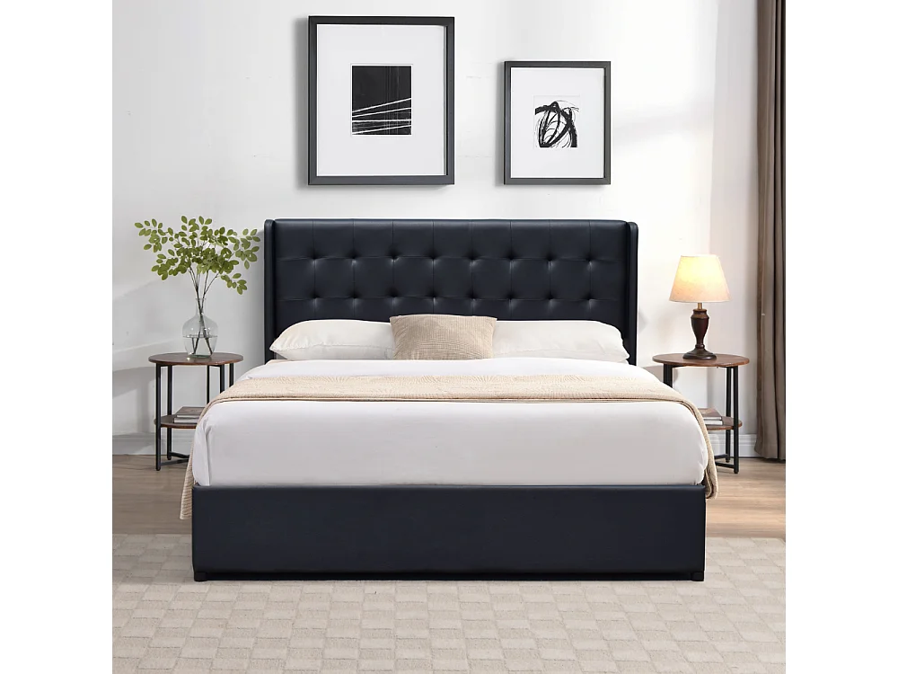 Lit coffre déhoussable noir 140x190 cm avec tête de lit capitonnée - 12 lattes - montage rapide - revêtement PVC simili facile d'entretien