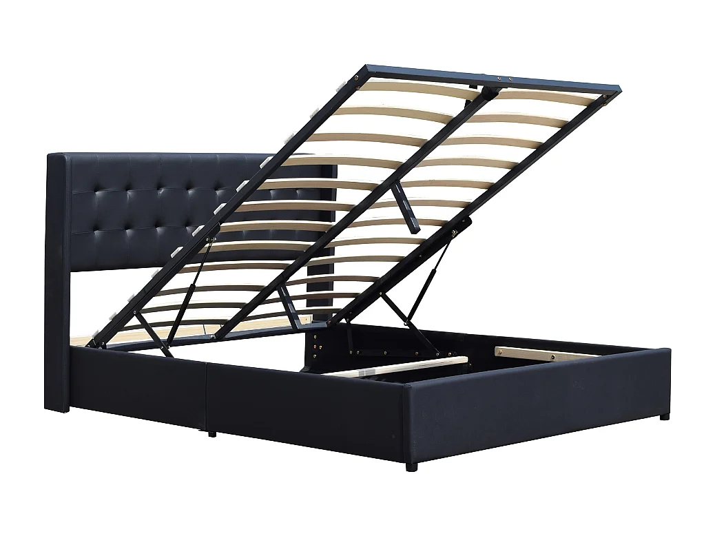 Lit coffre déhoussable noir 140x190 cm avec tête de lit capitonnée - 12 lattes - montage rapide - revêtement PVC simili facile d'entretien