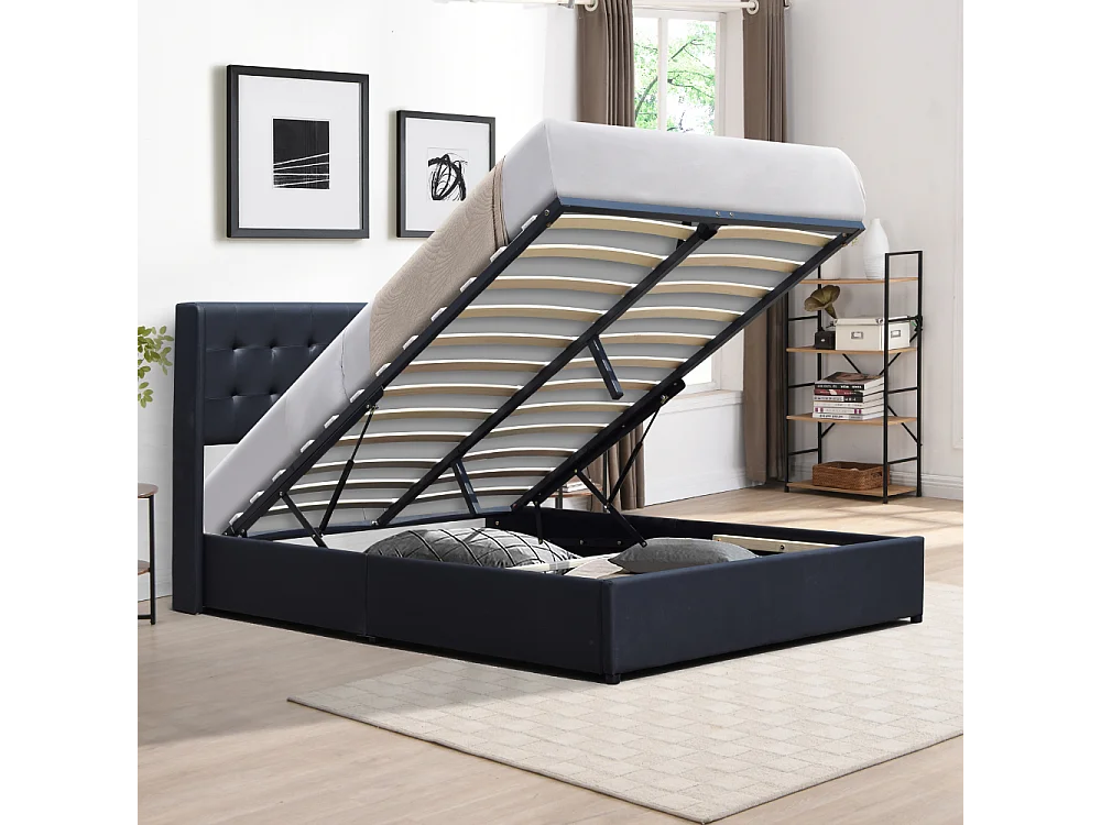 Lit coffre déhoussable noir 140x190 cm avec tête de lit capitonnée - 12 lattes - montage rapide - revêtement PVC simili facile d'entretien