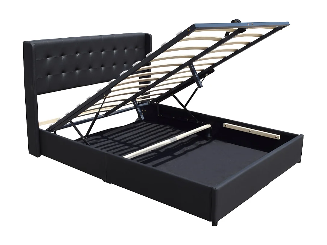 Lit coffre déhoussable noir 140x190 cm avec tête de lit capitonnée - 12 lattes - montage rapide - revêtement PVC simili facile d'entretien