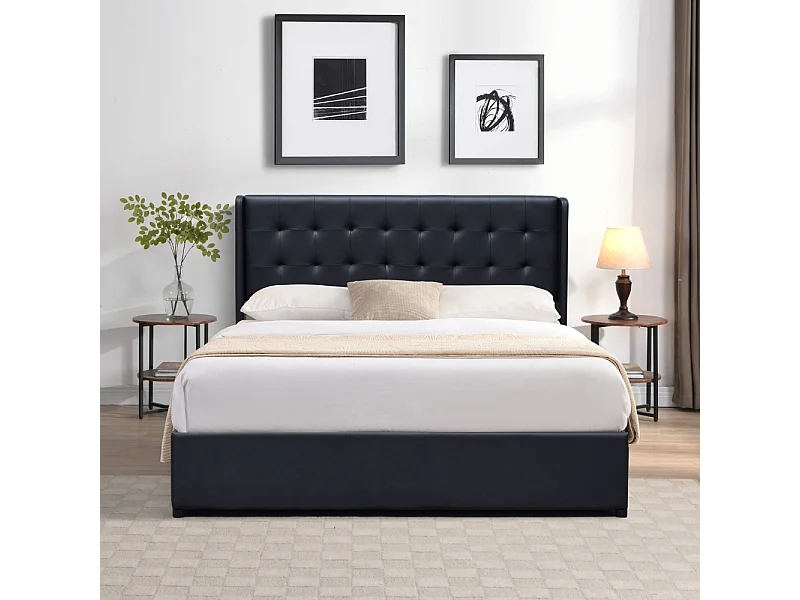 Lit coffre déhoussable noir 140x190 cm avec tête de lit capitonnée - 12 lattes - montage rapide - revêtement PVC simili facile d'entretien