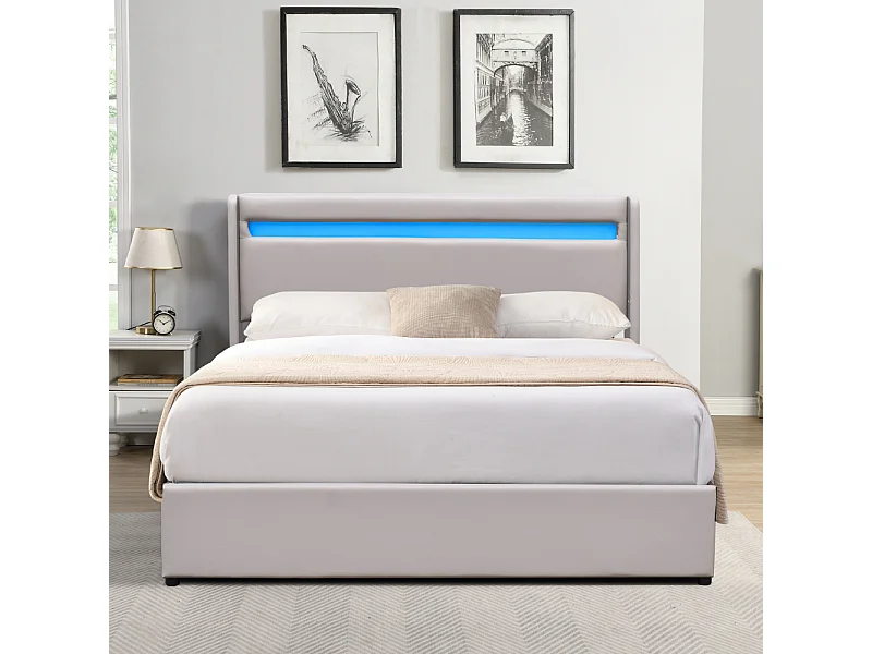 Lit Coffre dehoussable 160x200 cm avec Tête de Lit LED et 14 Lattes - Montage Rapide - Revêtement PVC Simili Facile d'Entretien