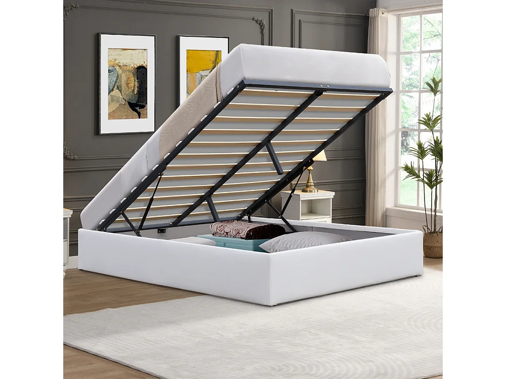 Lit Coffre Déhoussable 140x190 cm avec Pieds - 12 Lattes - Montage Rapide - Revêtement PVC Simili Facile d'Entretien