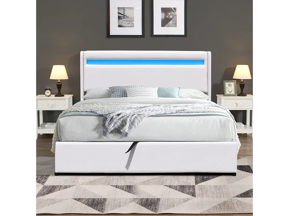 Lit coffre dehoussable 120x190 cm avec tête de lit LED et 12 lattes - Montage rapide - Revêtement PVC facile d'entretien