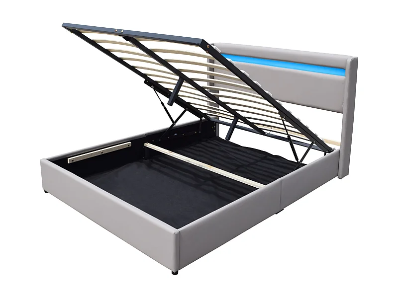 Lit Coffre Déhoussable 140x190 cm avec Tête de Lit LED - 12 Lattes - Montage Rapide et Facile - Revêtement PVC Simili Facile d'Entretien