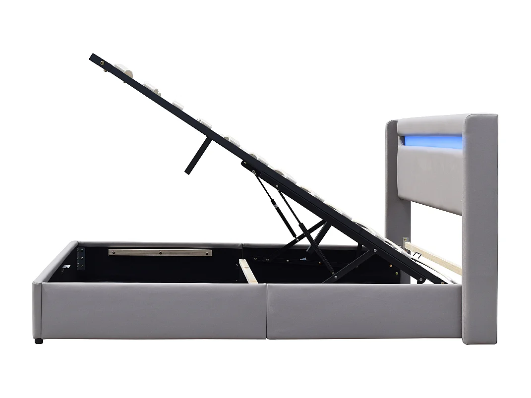 Lit Coffre Déhoussable 140x190 cm avec Tête de Lit LED - 12 Lattes - Montage Rapide et Facile - Revêtement PVC Simili Facile d'Entretien