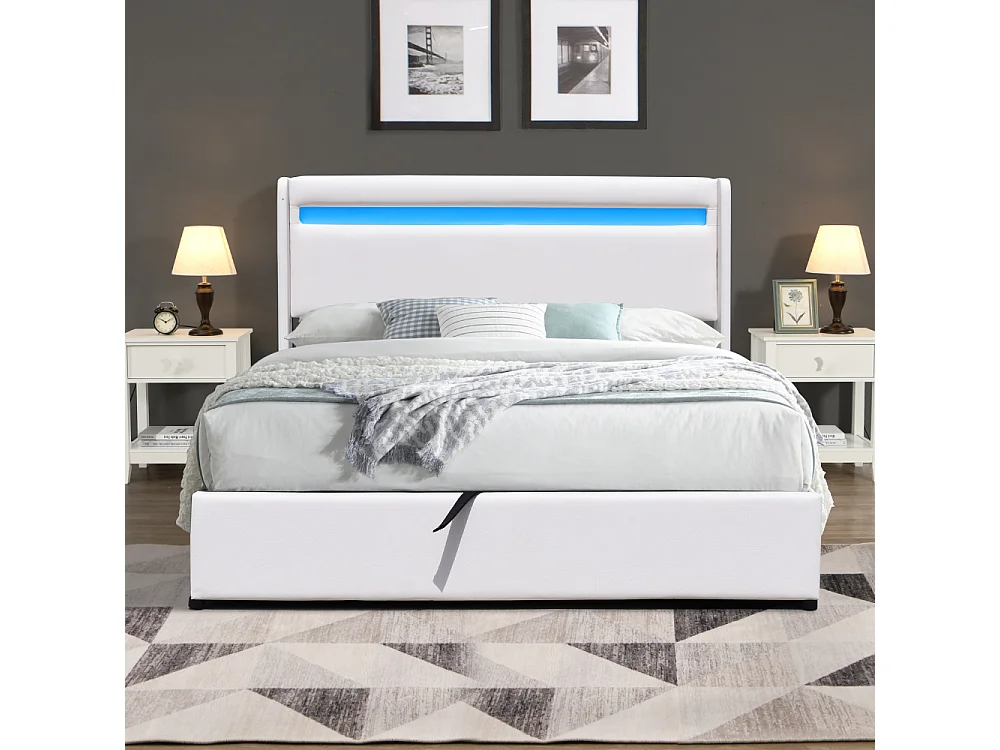 Lit coffre 120x190 cm déhoussable blanc avec tête de lit LED et 12 lattes - Montage rapide et facile - Revêtement PVC simili facile d'entretien