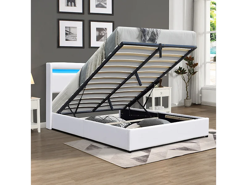 Lit coffre 120x190 cm déhoussable blanc avec tête de lit LED et 12 lattes - Montage rapide et facile - Revêtement PVC simili facile d'entretien