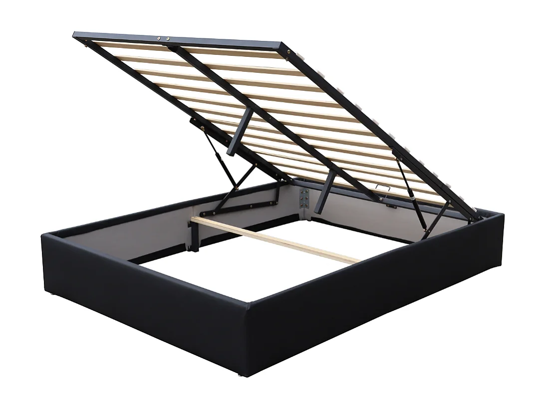 Lit Coffre dehoussable noir 90x190 cm avec Pieds et 12 Lattes - Montage Rapide et Facile - Revêtement PVC Simili Entretien Facile