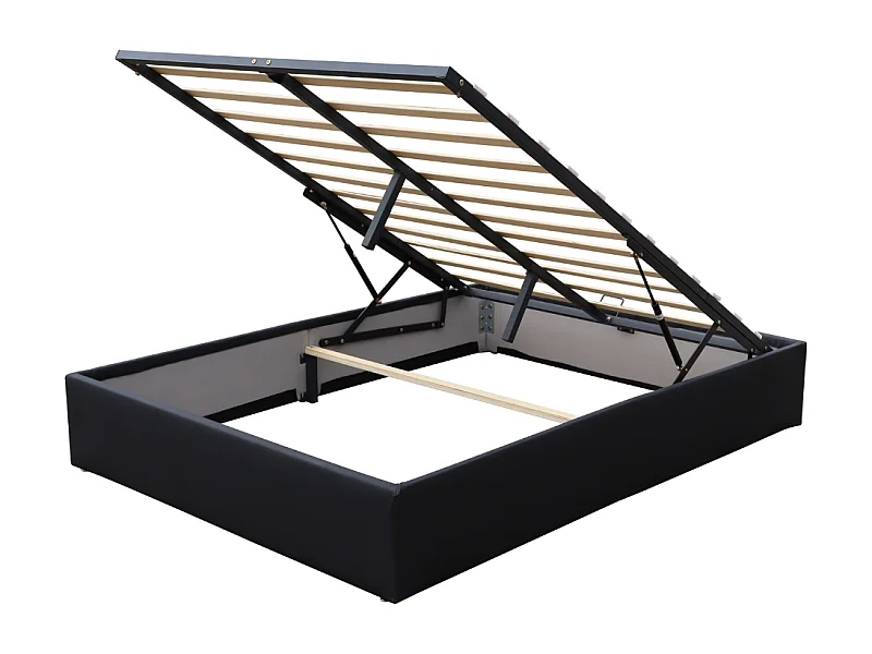 Lit Coffre dehoussable noir 90x190 cm avec Pieds et 12 Lattes - Montage Rapide et Facile - Revêtement PVC Simili Entretien Facile