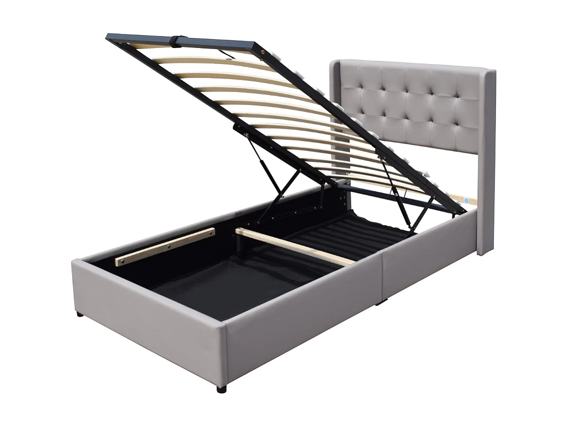 Lit coffre de rangement 120x190 cm avec tête de lit capitonnée et 12 lattes - Montage rapide et facile - Revêtement PVC simili facile d'entretien