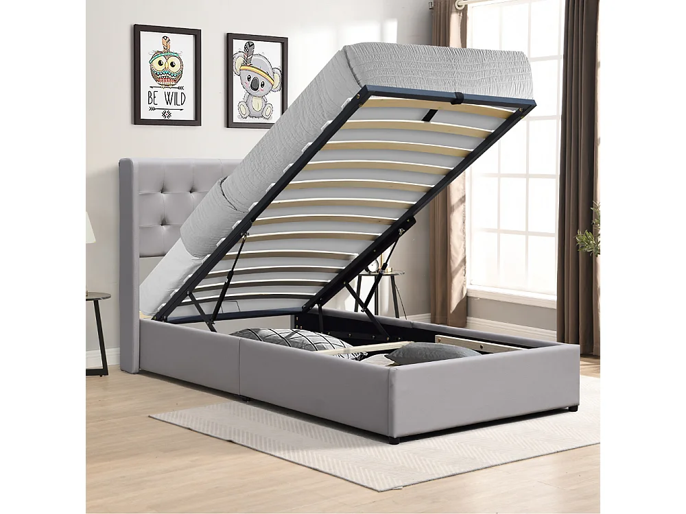 Lit coffre de rangement 120x190 cm avec tête de lit capitonnée et 12 lattes - Montage rapide et facile - Revêtement PVC simili facile d'entretien