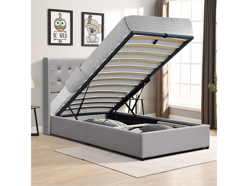 Lit coffre de rangement 120x190 cm avec tête de lit capitonnée et 12 lattes - Montage rapide et facile - Revêtement PVC simili facile d'entretien