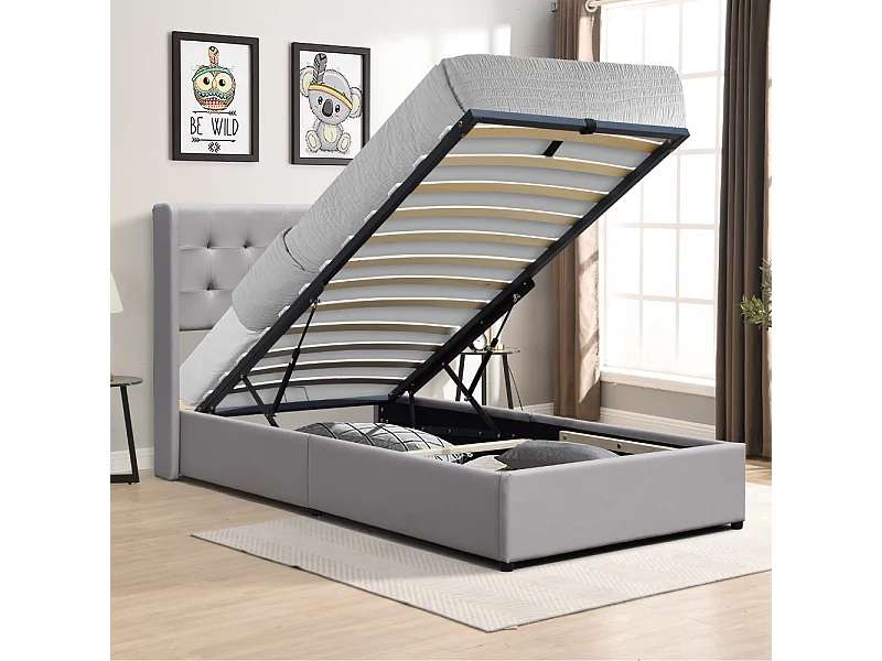 Lit coffre de rangement 120x190 cm avec tête de lit capitonnée et 12 lattes - Montage rapide et facile - Revêtement PVC simili facile d'entretien