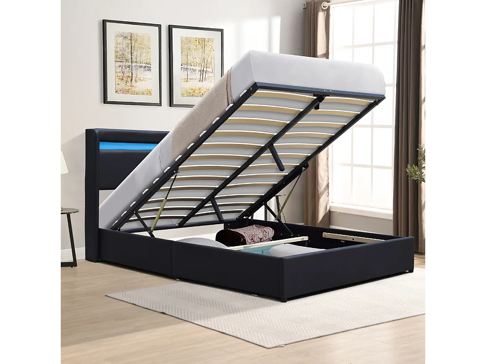 Lit coffre dehoussable 140x200 cm avec tête de lit LED et 14 lattes - Montage rapide - Revêtement PVC simili facile d'entretien