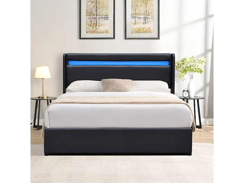 Lit coffre dehoussable 140x200 cm avec tête de lit LED et 14 lattes - Montage rapide - Revêtement PVC simili facile d'entretien