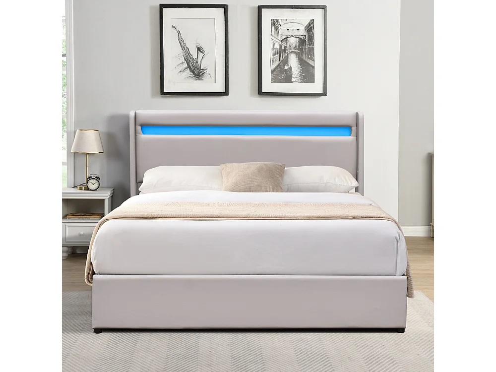 Lit Coffre Déhoussable 120x190 cm avec Tête de Lit LED - 12 Lattes - Montage Rapide - Revêtement PVC Simili Facile d'Entretien