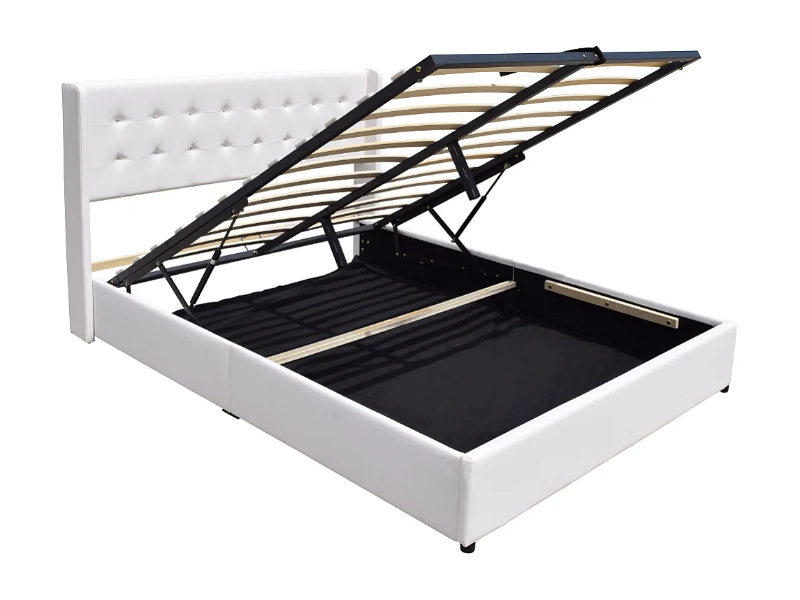 Lit coffre dehoussable blanc 120x190 cm avec tête de lit capitonnée - 12 lattes - montage rapide et facile - revêtement PVC simili facile d'entretien