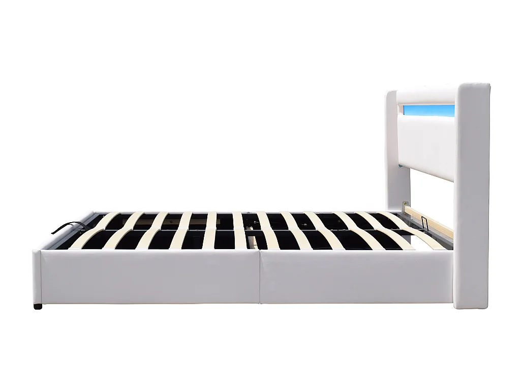 Lit coffre 160x200 cm déhoussable avec tête de lit LED - 14 lattes - montage rapide et facile - revêtement PVC simili entretien facile