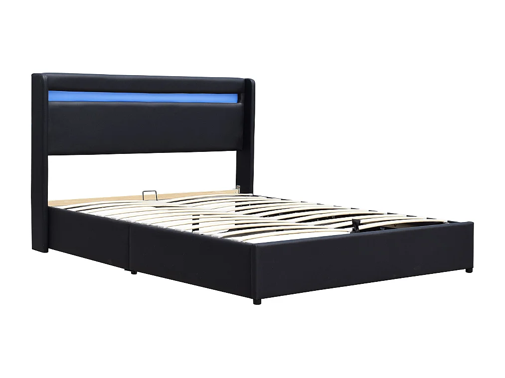 Lit coffre dehoussable 160x200 cm avec tête de lit LED - 14 lattes - montage facile - revêtement PVC simili entretien simplifié