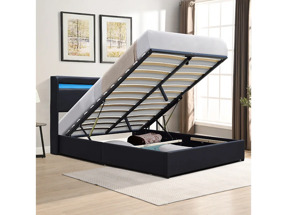 Lit coffre dehoussable 160x200 cm avec tête de lit LED - 14 lattes - montage facile - revêtement PVC simili entretien simplifié