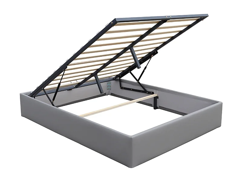 Lit Coffre dehoussable 140x190 cm Gris avec Pieds - 12 Lattes - Montage Rapide et Facile - Revêtement PVC Simili Facile d'Entretien
