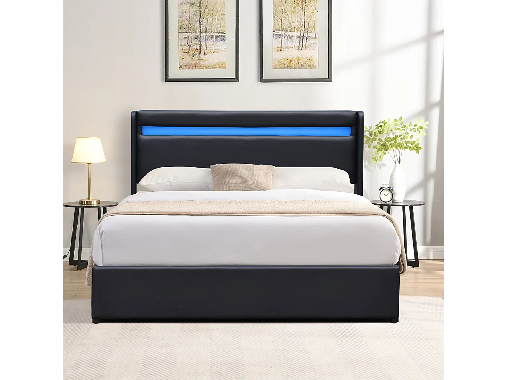 Lit coffre dehoussable 140x200 cm avec tête de lit LED et 14 lattes - Montage rapide - Revêtement PVC simili facile d'entretien