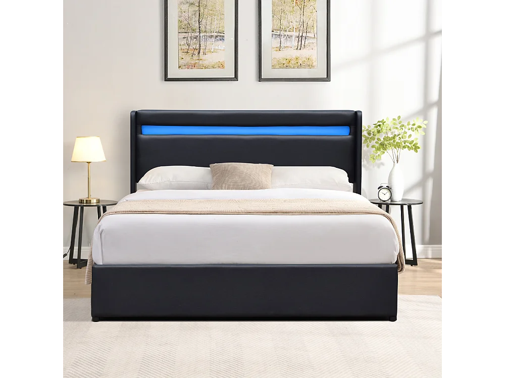 Lit coffre dehoussable 140x200 cm avec tête de lit LED et 14 lattes - Montage rapide - Revêtement PVC simili facile d'entretien