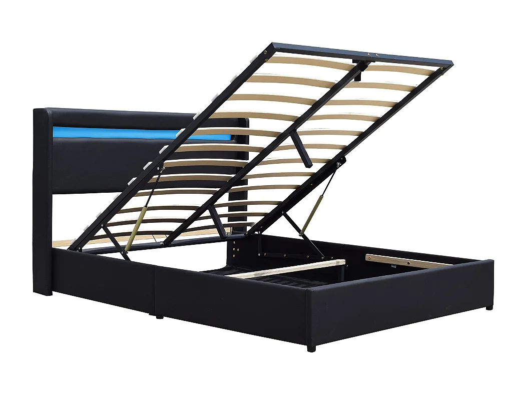 Lit coffre dehoussable 140x200 cm avec tête de lit LED et 14 lattes - Montage rapide - Revêtement PVC simili facile d'entretien