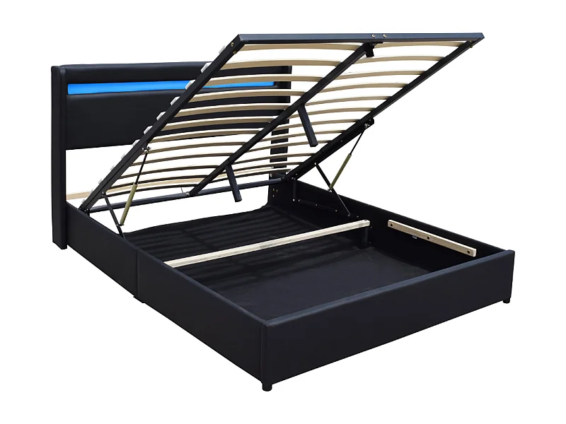 Lit coffre dehoussable 140x200 cm avec tête de lit LED et 14 lattes - Montage rapide - Revêtement PVC simili facile d'entretien