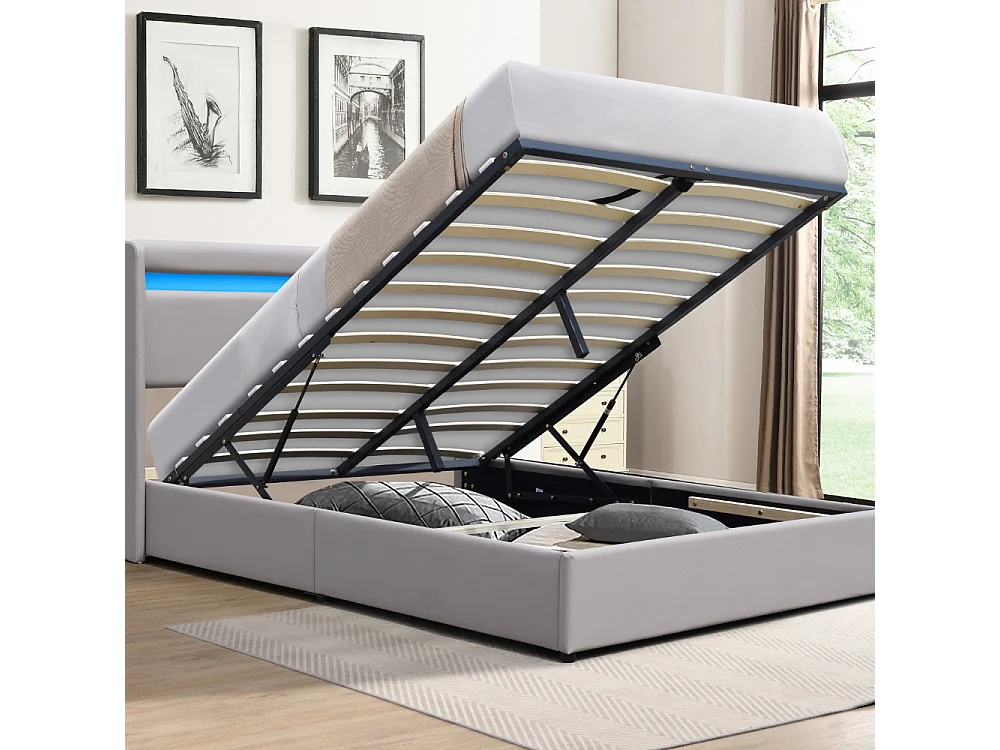 Lit Coffre Déhoussable 140x190 cm avec Tête de Lit LED - 12 Lattes - Montage Rapide et Facile - Revêtement PVC Simili Facile d'Entretien