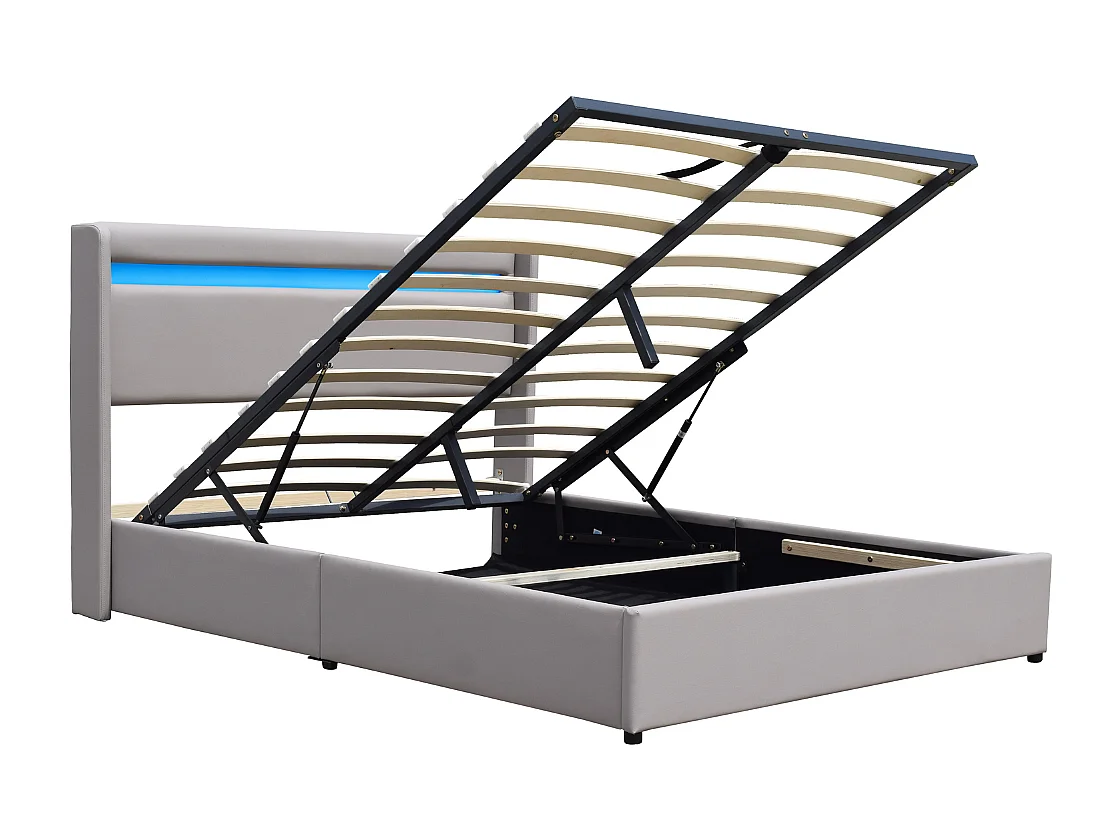 Lit Coffre Déhoussable 140x190 cm avec Tête de Lit LED - 12 Lattes - Montage Rapide et Facile - Revêtement PVC Simili Facile d'Entretien