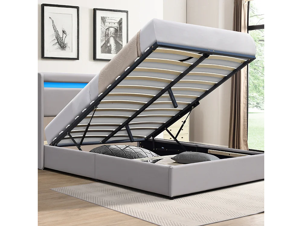 Lit Coffre dehoussable 160x200 cm avec Tête de Lit LED et 14 Lattes - Montage Rapide - Revêtement PVC Simili Facile d'Entretien