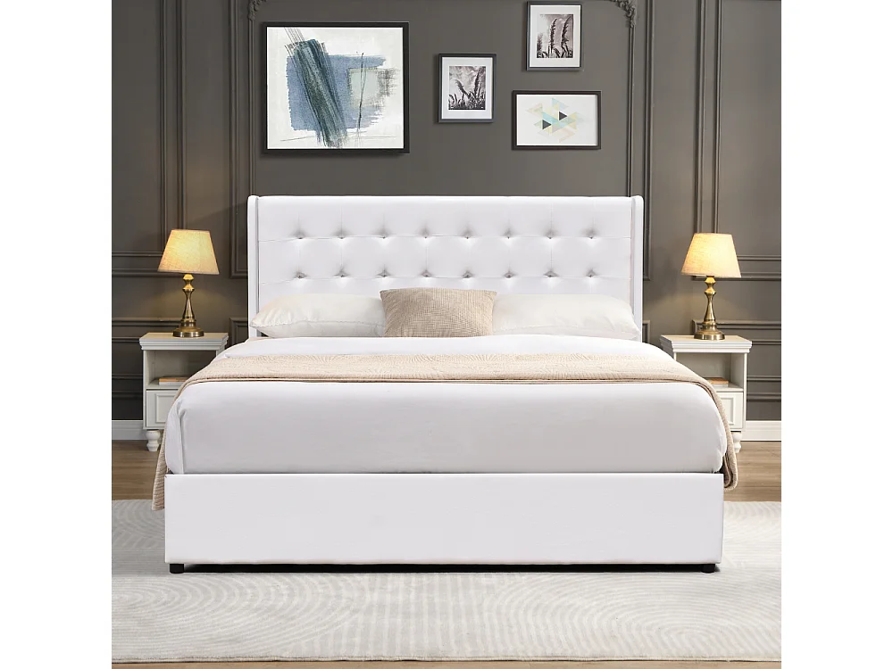 Lit coffre de rangement 140x190 cm avec tête de lit capitonnée et 12 lattes - Montage rapide et entretien facile en simili PVC