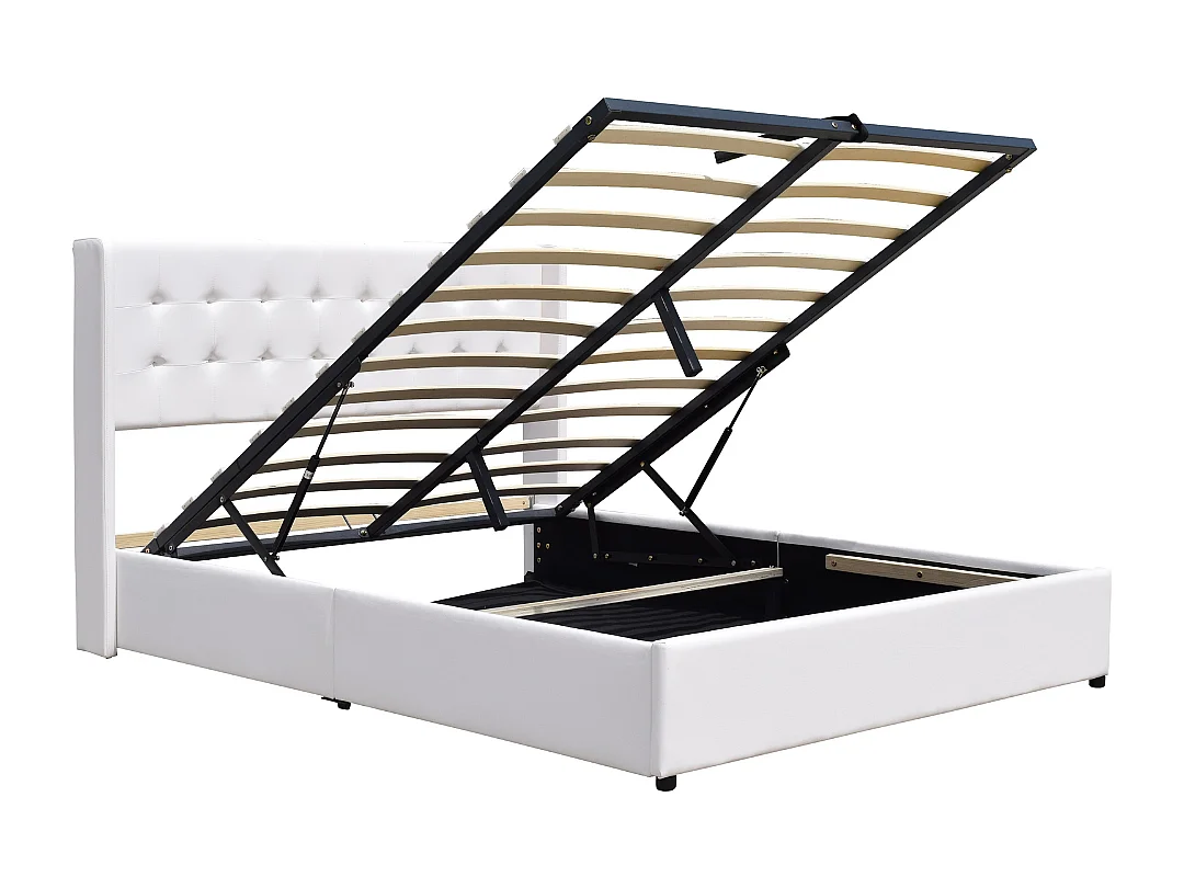 Lit coffre de rangement 140x190 cm avec tête de lit capitonnée et 12 lattes - Montage rapide et entretien facile en simili PVC