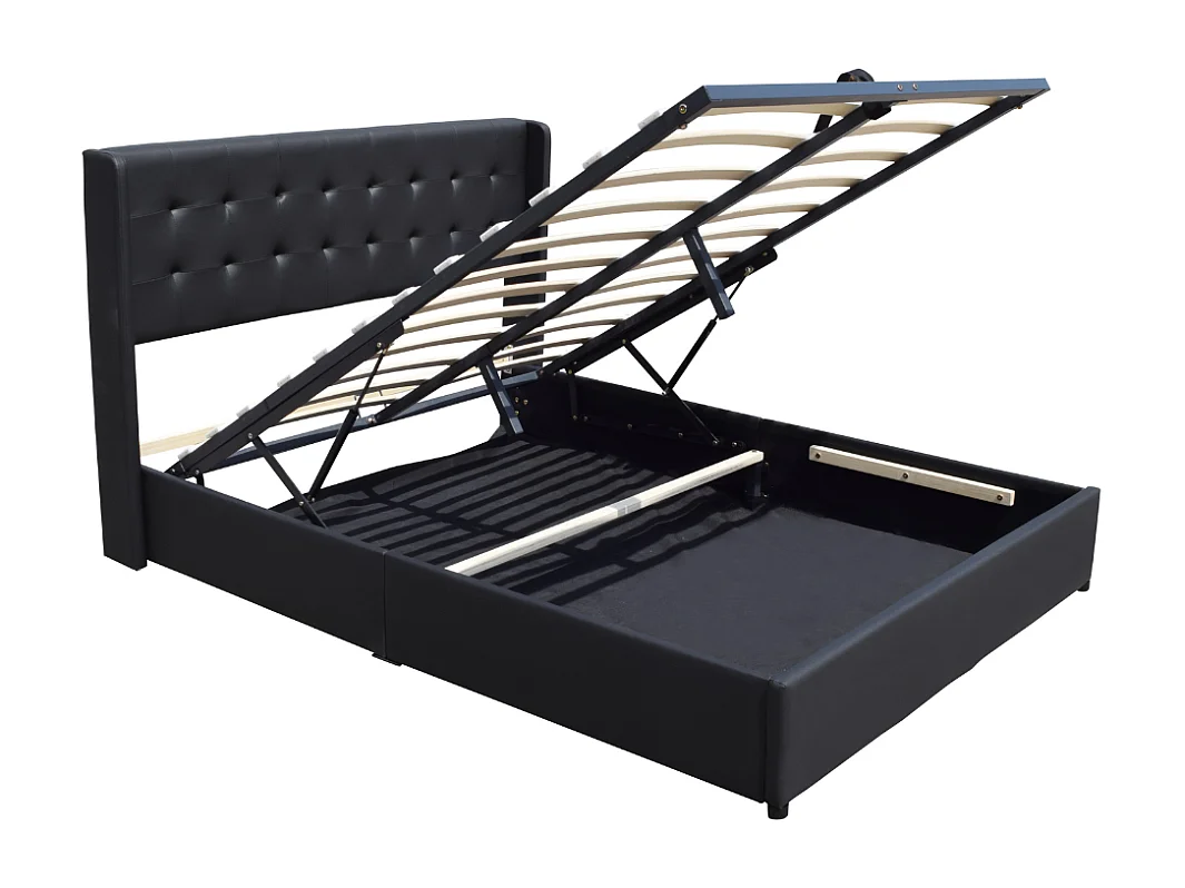 Lit coffre déhoussable noir 120x190cm avec tête de lit capitonnée - 12 lattes - Montage rapide - Revêtement PVC facile d'entretien