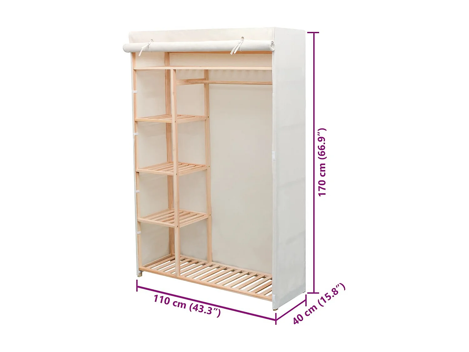 Garde-robe en tissu et bois de pin 110x40x170 cm