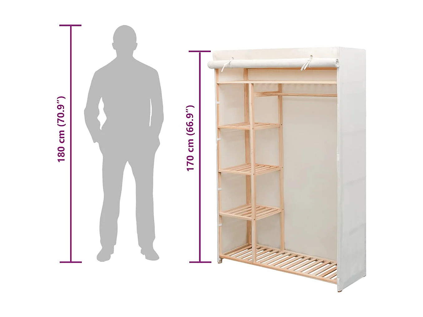 Garde-robe en tissu et bois de pin 110x40x170 cm