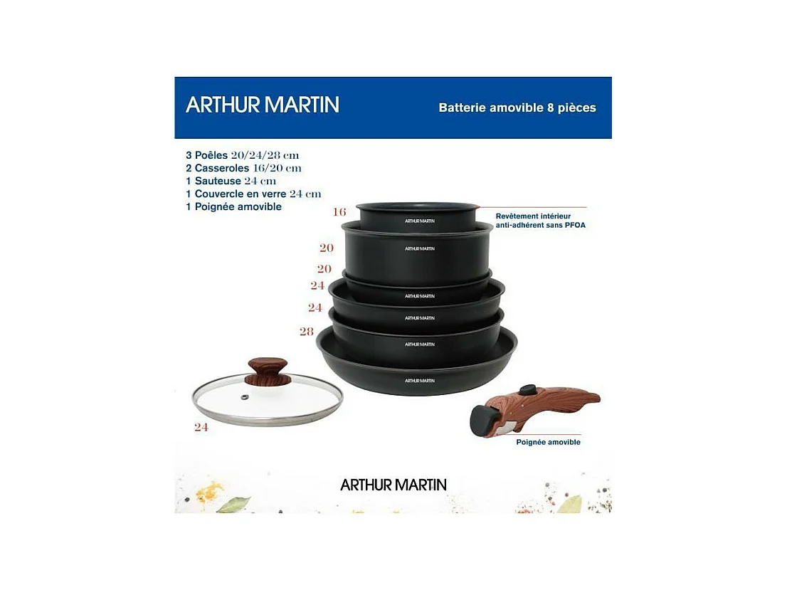 Batterie de cuisine 8 pieces ARTHUR MARTIN - Aluminium - Poignée Bois - Tous feux dont induction