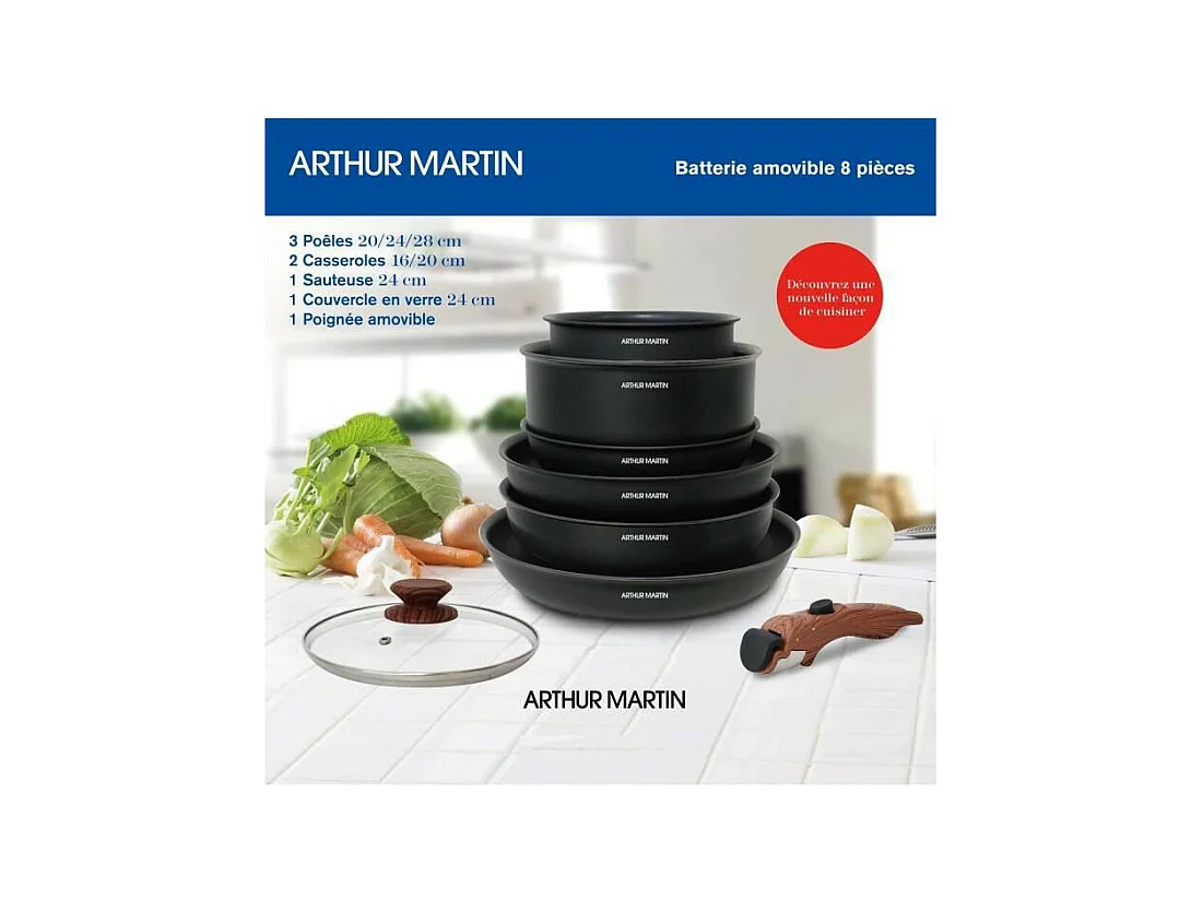 Batterie de cuisine 8 pieces ARTHUR MARTIN - Aluminium - Poignée Bois - Tous feux dont induction