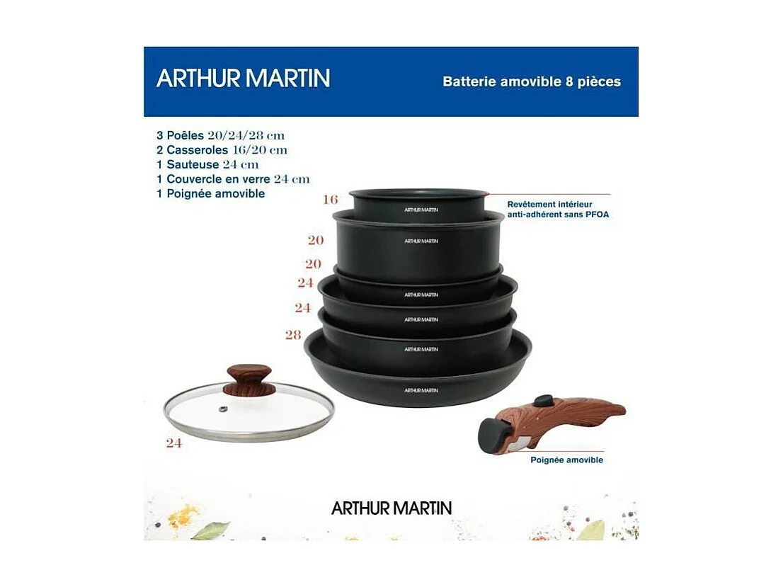 Batterie de cuisine 8 pieces ARTHUR MARTIN - Aluminium - Poignée Bois - Tous feux dont induction