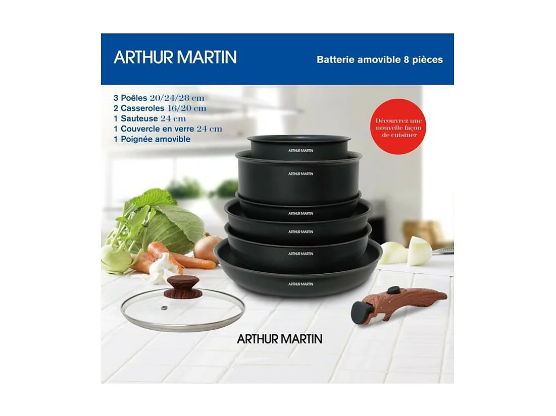 Batterie de cuisine 8 pieces ARTHUR MARTIN - Aluminium - Poignée Bois - Tous feux dont induction