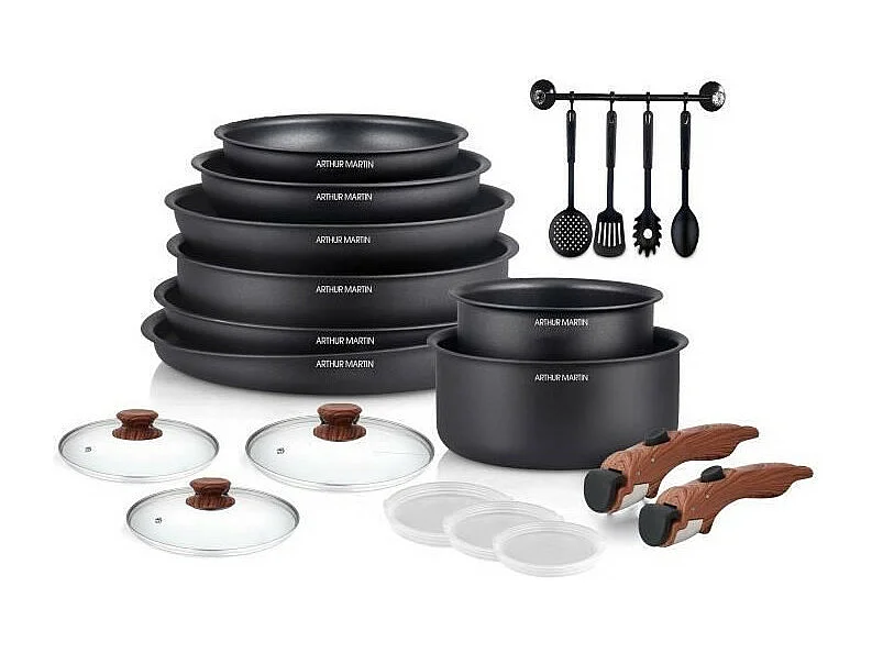Batterie de cuisine - Tous feux dont induction - Arthur Martin - AM0530 - Aluminium - Anti-adhésif - 20 pieces - Poignée amovi