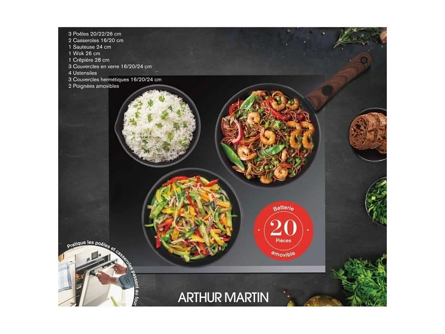 Batterie de cuisine - Tous feux dont induction - Arthur Martin - AM0530 - Aluminium - Anti-adhésif - 20 pieces - Poignée amovi