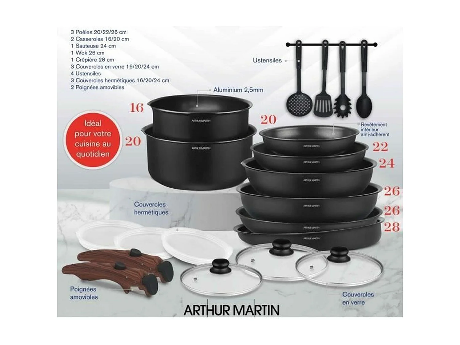 Batterie de cuisine - Tous feux dont induction - Arthur Martin - AM0530 - Aluminium - Anti-adhésif - 20 pieces - Poignée amovi