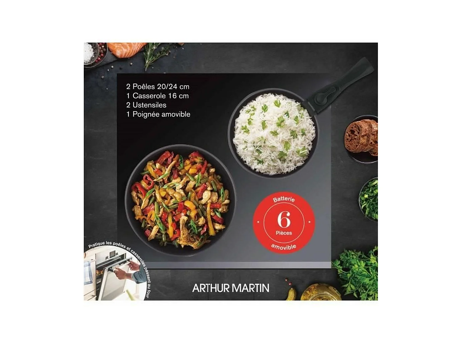 Batterie de cuisine - Tous feux dont induction - Arthur Martin - AM9582 - Aluminium - Anti-adhésif - 6 pieces - Poignée amovib