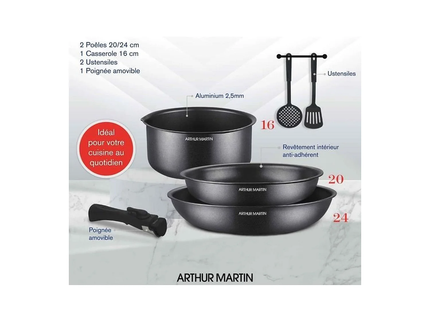 Batterie de cuisine - Tous feux dont induction - Arthur Martin - AM9582 - Aluminium - Anti-adhésif - 6 pieces - Poignée amovib