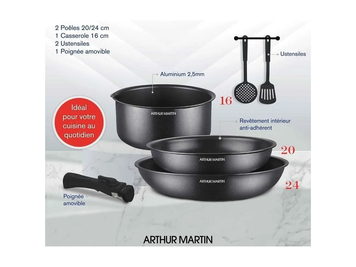 Batterie de cuisine - Tous feux dont induction - Arthur Martin - AM9582 - Aluminium - Anti-adhésif - 6 pieces - Poignée amovib